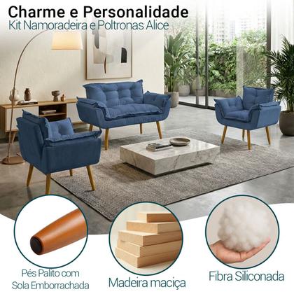 Imagem de Kit Namoradeira Decorativa Para Sala + 2 Poltronas Reforçadas Para Amamentação Alice Suede Cores Pé Castanho