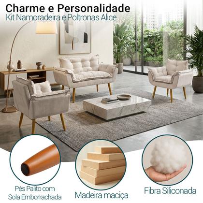 Imagem de Kit Namoradeira Decorativa Para Sala + 2 Poltronas Reforçadas Para Amamentação Alice Suede Cores Pé Castanho