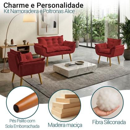 Imagem de Kit Namoradeira Decorativa Para Sala + 2 Poltronas Reforçadas Para Amamentação Alice Suede Cores Pé Castanho