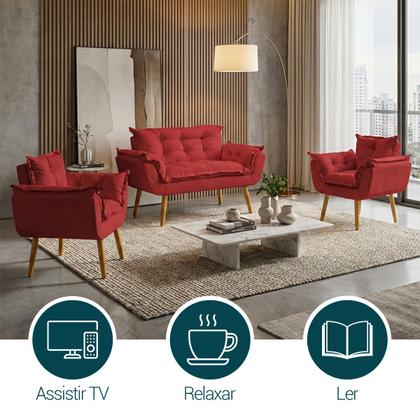 Imagem de Kit Namoradeira Decorativa Para Sala + 2 Poltronas Reforçadas Para Amamentação Alice Suede Cores Pé Castanho