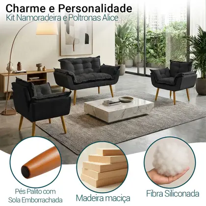 Imagem de Kit Namoradeira Decorativa Para Sala + 2 Poltronas Reforçadas Para Amamentação Alice Suede Cores Pé Castanho