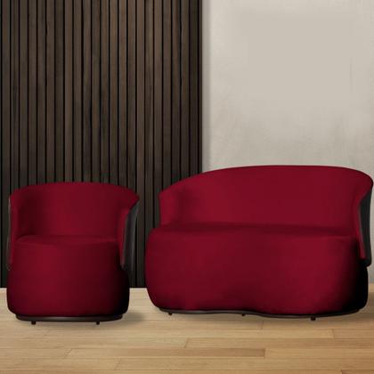Imagem de Kit Namoradeira + Poltrona Decorativa Beatriz Orgânica Composê Couro Marrom Veludo Vermelho Mz Decor