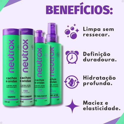 Imagem de Kit Neutrox Cachos e Ondas: Shampoo, Condicionador 300ml, Creme Para Pentear e Spray Day After 300ml