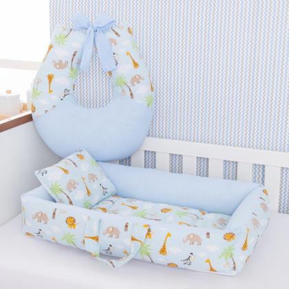 Imagem de Kit Ninho Redutor com Almofada Amamentação para Bebê Menino Safari Azul