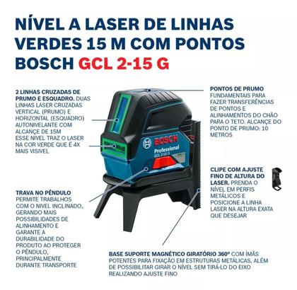 Imagem de Kit Nível Laser Linhas Verdes Bosch Gcl 2 15G 15m E Tripé