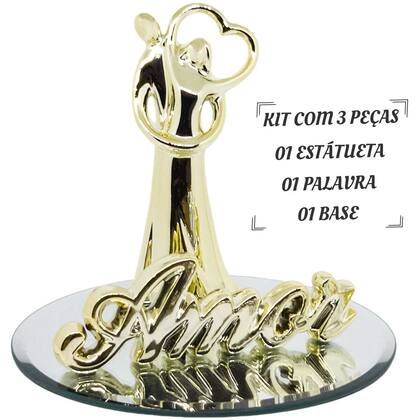 Imagem de Kit Objeto Estátua Casal Decorativo Escultura Namorados + Palavra Decorativa Estilosa + Base Redonda Espelhada