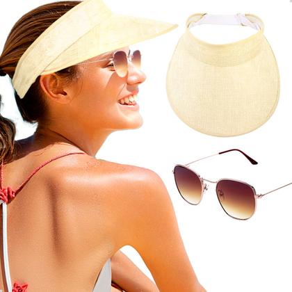 Imagem de Kit Óculos de Sol Clássico Hexagonal + Viseira Moda Praia Verão Esporte