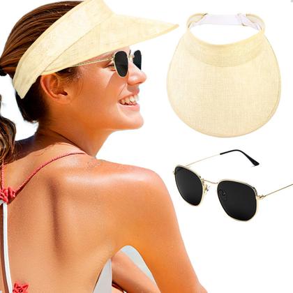 Imagem de Kit Óculos de Sol Clássico Hexagonal + Viseira Moda Praia Verão Esporte