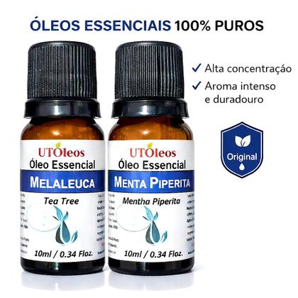 Imagem de Kit Óleos Essenciais Melaleuca + Menta Piperita 10ml Puro, aroma refrescante, difusor, uso diário, alta qualidade