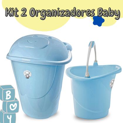 Imagem de Kit Organização infantil Organizador 3L Cesto 41L Balde 8L Baby Menino Azul