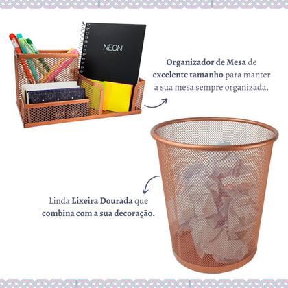 Imagem de Kit organizador de escritorio rose gold, lixeiras aramada, porta caneta treco, bandeja porta papel, organizador de mesa