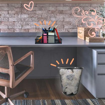 Imagem de Kit Organizador de Mesa e Lixeira de Escritório, Porta caneta lápis, Porta treco, Lixeira Aramada 10l Preto 