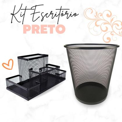 Imagem de Kit Organizador de Mesa e Lixeira de Escritório, Porta caneta lápis, Porta treco, Lixeira Aramada 10l Preto 