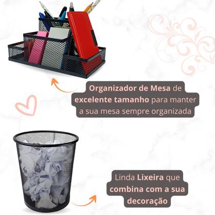 Imagem de Kit Organizador de Mesa e Lixeira de Escritório, Porta caneta lápis, Porta treco, Lixeira Aramada 10l Preto 