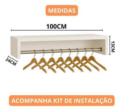 Imagem de Kit Organizador de Roupa Cabideiro 60/100 cm Arara Suspensa MDF Branco Closet Lavanderia Quarto