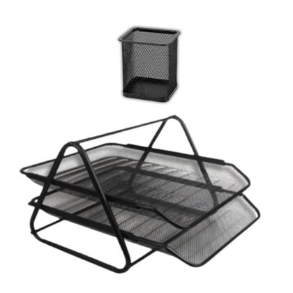 Imagem de Kit Organizador Escritorio 2 Bandejas Documentos Papel A4 Suporte Canetas Lapis Metal Aramado Preto Mesa Home Office Estudos Trabalho Resistente