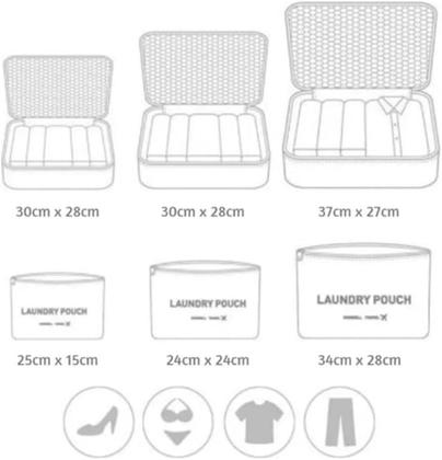 Imagem de Kit Organizador Mala Viagem 6 Peças Saquinhos Nécessaire Roupas Compacto Dobrável Leve Portátil Nylon