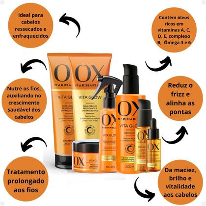Imagem de Kit Ox Mari Maria Hair Vita Glow: Shampoo, Condicionador, Máscara, Sérum, Defrizante, Óleo e Tônico