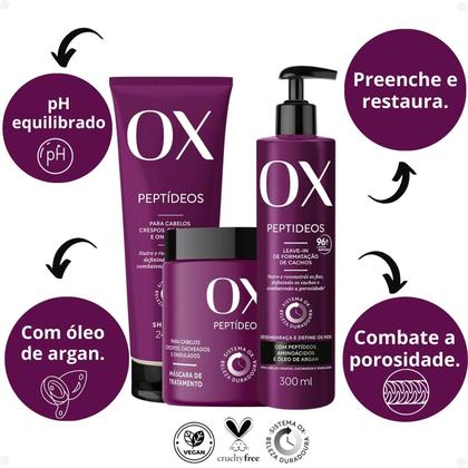 Imagem de Kit OX Peptídeos Cabelos Crespos, Cacheados e Ondulados: Shampoo 240ml, Máscara de Tratamento 500g e Leave-In 300g
