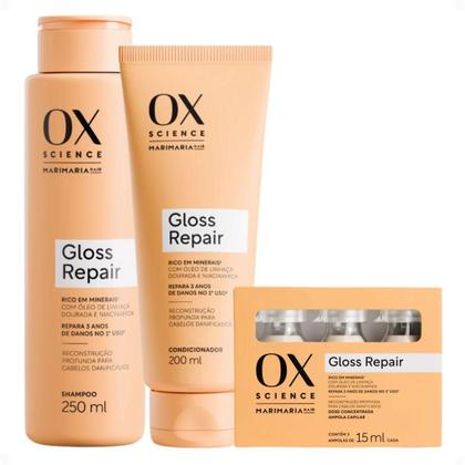Imagem de Kit Ox Science Mari Maria Hair Gloss Repair: Shampoo 250ml, Condicionador 200ml e 3 Doses Concentradas