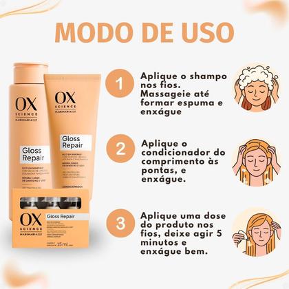 Imagem de Kit Ox Science Mari Maria Hair Gloss Repair: Shampoo 250ml, Condicionador 200ml e 3 Doses Concentradas