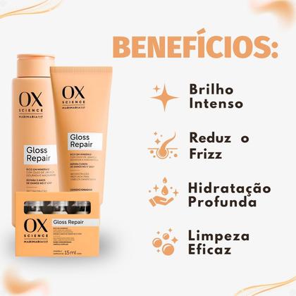 Imagem de Kit Ox Science Mari Maria Hair Gloss Repair: Shampoo 250ml, Condicionador 200ml e 3 Doses Concentradas