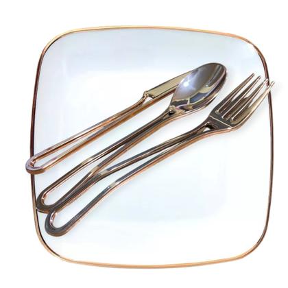 Imagem de Kit p/ 6 pessoas Prato quadrado acrílico Rosê + Talheres