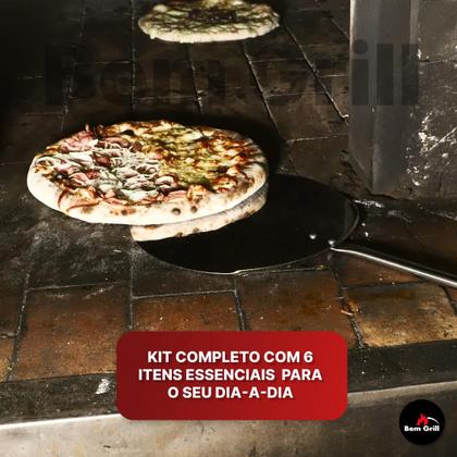 Imagem de Kit Pá Pizza 6 Peças 36cm Madeira Inox Escova Pá Cinza Espalha Brasa