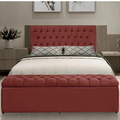 Imagem de Kit Painel Cabeceira com Bau Calçadeira Dubai 1,28m Para Cama Viúva Solteirão Suede Vermelho - Aurora Line