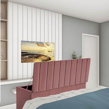 Imagem de Kit Painel Cabeceira Estofada e Calçadeira Baú Recamier Carla 160cm Queen Size Suede Rose Gold - Ahazzo Móveis