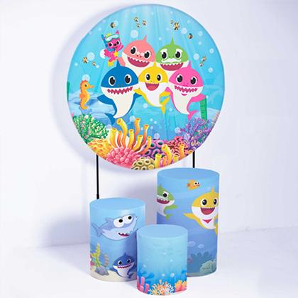 Imagem de Kit Painel de Festa Redondo de 1,50m e Trio de Cilindros Baby Shark - Fera Print