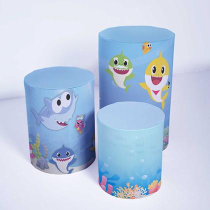 Imagem de Kit Painel de Festa Redondo de 1,50m e Trio de Cilindros Baby Shark - Fera Print