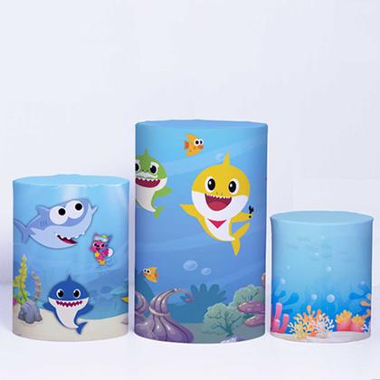 Imagem de Kit Painel de Festa Redondo de 1,50m e Trio de Cilindros Baby Shark - Fera Print