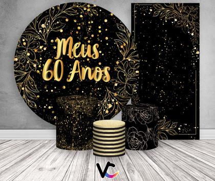 Imagem de Kit Painel De Festa + Trio Capa Cilindro + Faixa Veste Fácil - 60 Anos Efeito Brilhos Dourados 023