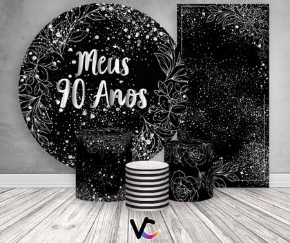 Imagem de Kit Painel De Festa + Trio Capa Cilindro + Faixa Veste Fácil - 90 Anos Efeito Brilhos Prateados 013