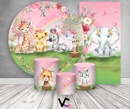 Imagem de Kit Painel De Festa + Trio Capa Cilindro + Faixa Veste Fácil - Animais Safari Flores Rosa 011