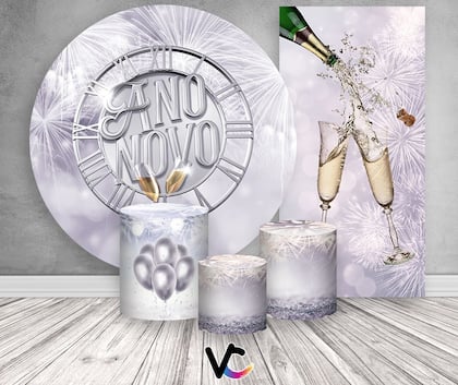 Imagem de Kit Painel De Festa + Trio Capa Cilindro + Faixa Veste Fácil - Ano Novo Prateado Taças 003