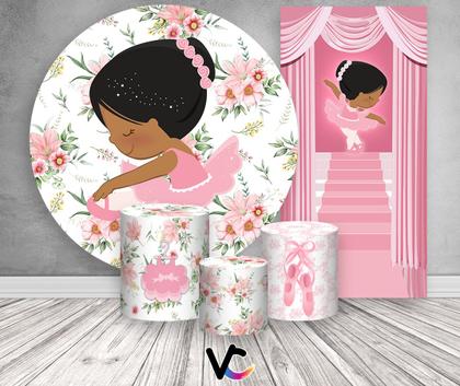 Imagem de Kit Painel De Festa + Trio Capa Cilindro + Faixa Veste Fácil - Bailarina Liso Rosa Floral 005
