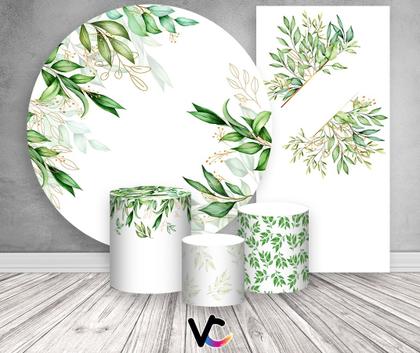 Imagem de Kit Painel De Festa + Trio Capa Cilindro + Faixa Veste Fácil - Belas Folhagens Verdes 043