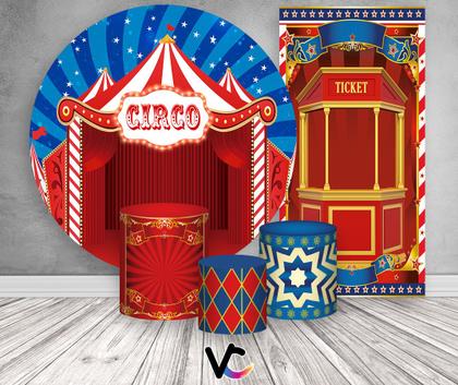 Imagem de Kit Painel De Festa + Trio Capa Cilindro + Faixa Veste Fácil - Circo Clássico Azul e Vermelho 008