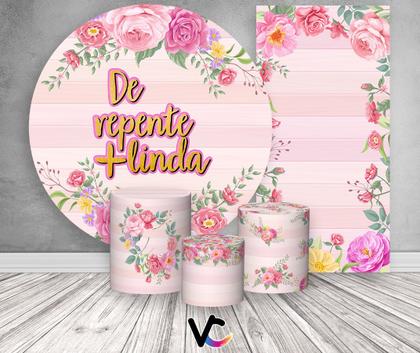 Imagem de Kit Painel De Festa + Trio Capa Cilindro + Faixa Veste Fácil - De repente Mais Linda Floral Rosa 011