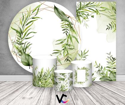 Imagem de Kit Painel De Festa + Trio Capa Cilindro + Faixa Veste Fácil -  Folhagens Verde e Dourado 044