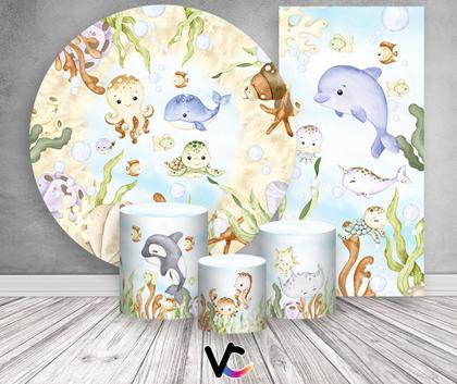 Imagem de Kit Painel De Festa + Trio Capa Cilindro + Faixa Veste Fácil - Fundo do Mar Azul Suave com Bege 006