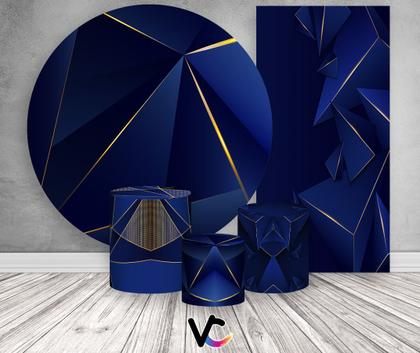 Imagem de Kit Painel De Festa + Trio Capa Cilindro + Faixa Veste Fácil - Geométricos Azul com linhas Douradas 031