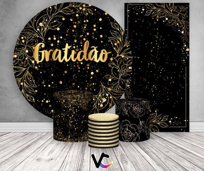 Imagem de Kit Painel De Festa + Trio Capa Cilindro + Faixa Veste Fácil - Gratidão Anos Efeito Brilhos Dourados 052