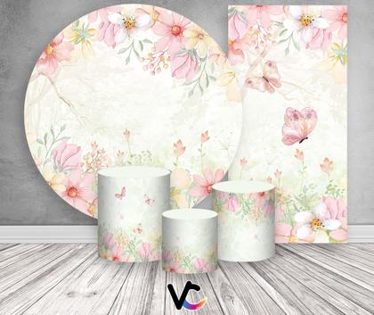 Imagem de Kit Painel De Festa + Trio Capa Cilindro + Faixa Veste Fácil - Jardim Aquarela Floral Delicado 019