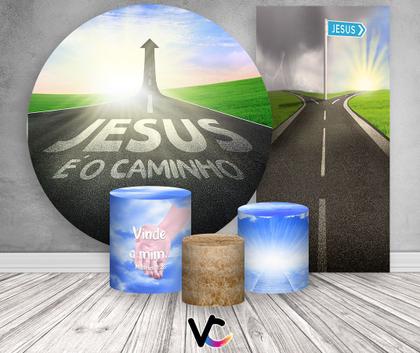 Imagem de Kit Painel De Festa + Trio Capa Cilindro + Faixa Veste Fácil - Jesus é o Caminho Estrada 023