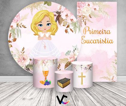 Imagem de Kit Painel De Festa + Trio Capa Cilindro + Faixa Veste Fácil - Primeira Eucaristia Menina Loira 007