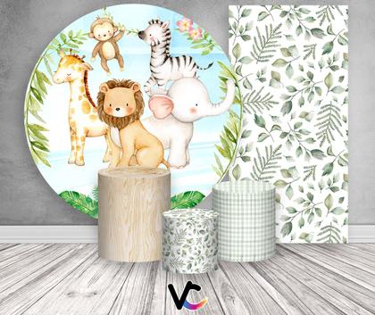 Imagem de Kit Painel De Festa + Trio Capa Cilindro + Faixa Veste Fácil - Safari Aquarela Folhagens 001