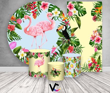 Imagem de Kit Painel De Festa + Trio Capa Cilindro + Faixa Veste Fácil - Tropical Flamingos Selva 004